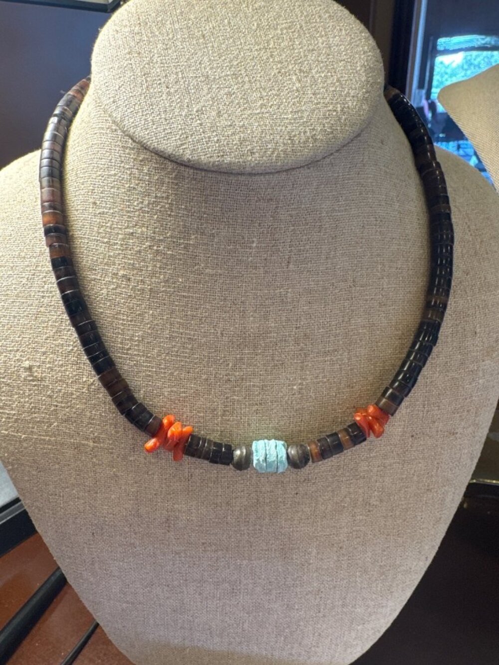 Vintage Southwestern Heishi Shell Turquoise Coral Bead Necklace 17in 30g Boho